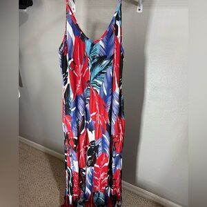 Tropical Leaf Print Maxi Dress - Red and Blue